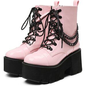 Women's Leather 4Pink Chunky Wedge Lace Up & Zipper Ankle Heel Party Boots